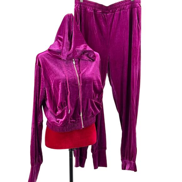 PLUS SIZE 1X purple magenta velvet jogger track lounge hoodie pant set NWT B27 - Picture 2 of 10
